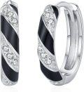 wholesale 925 Sterling Silver Black Enamel CZ Huggie Hoop Earrings for Women Girls Gifts 30mm Diameter-0-0