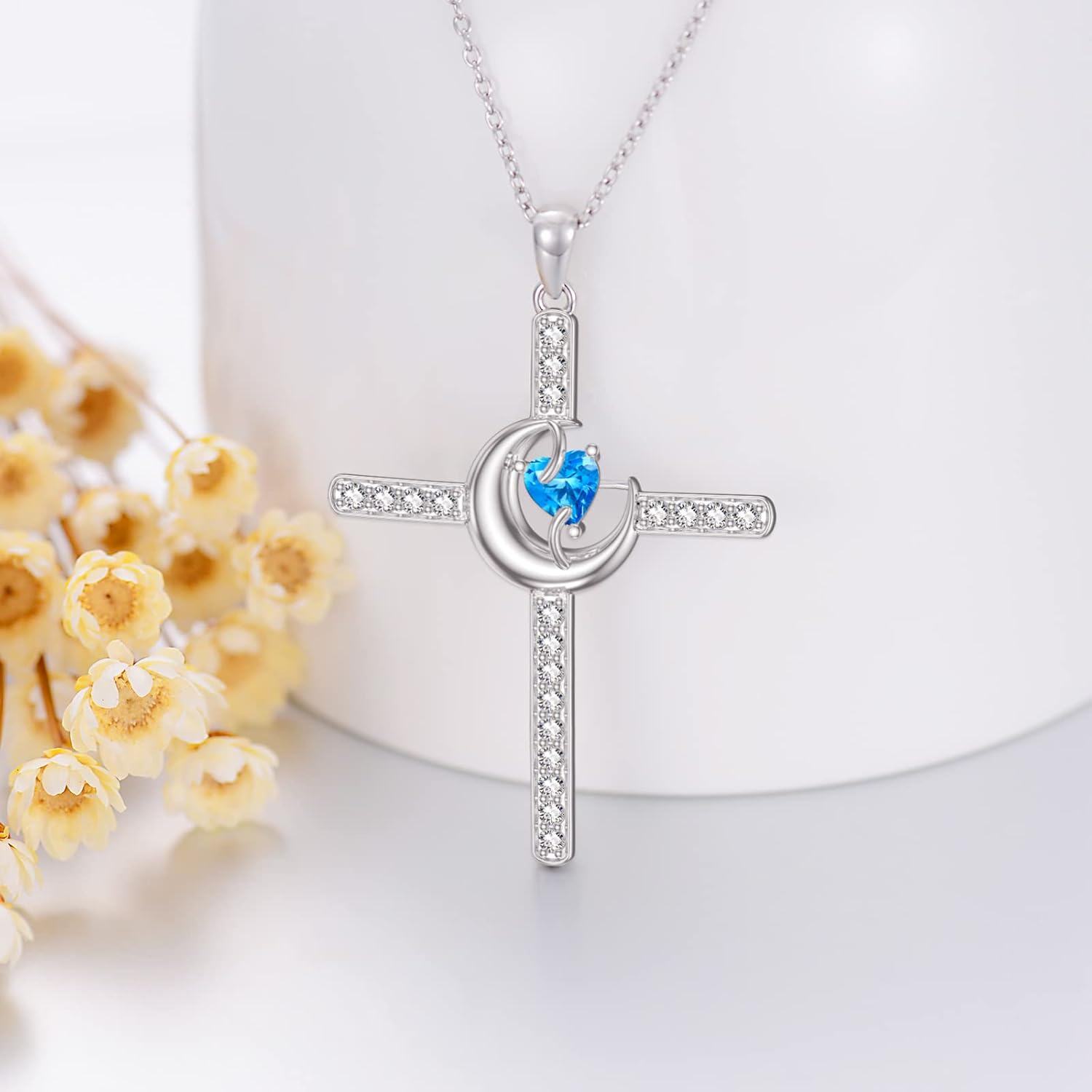 wholesale 925 Sterling Silver Blue Heart Moon & Star CZ Cross Pendant Necklace for Men/Women - Christian  Set with Chain (Silver)-0-2