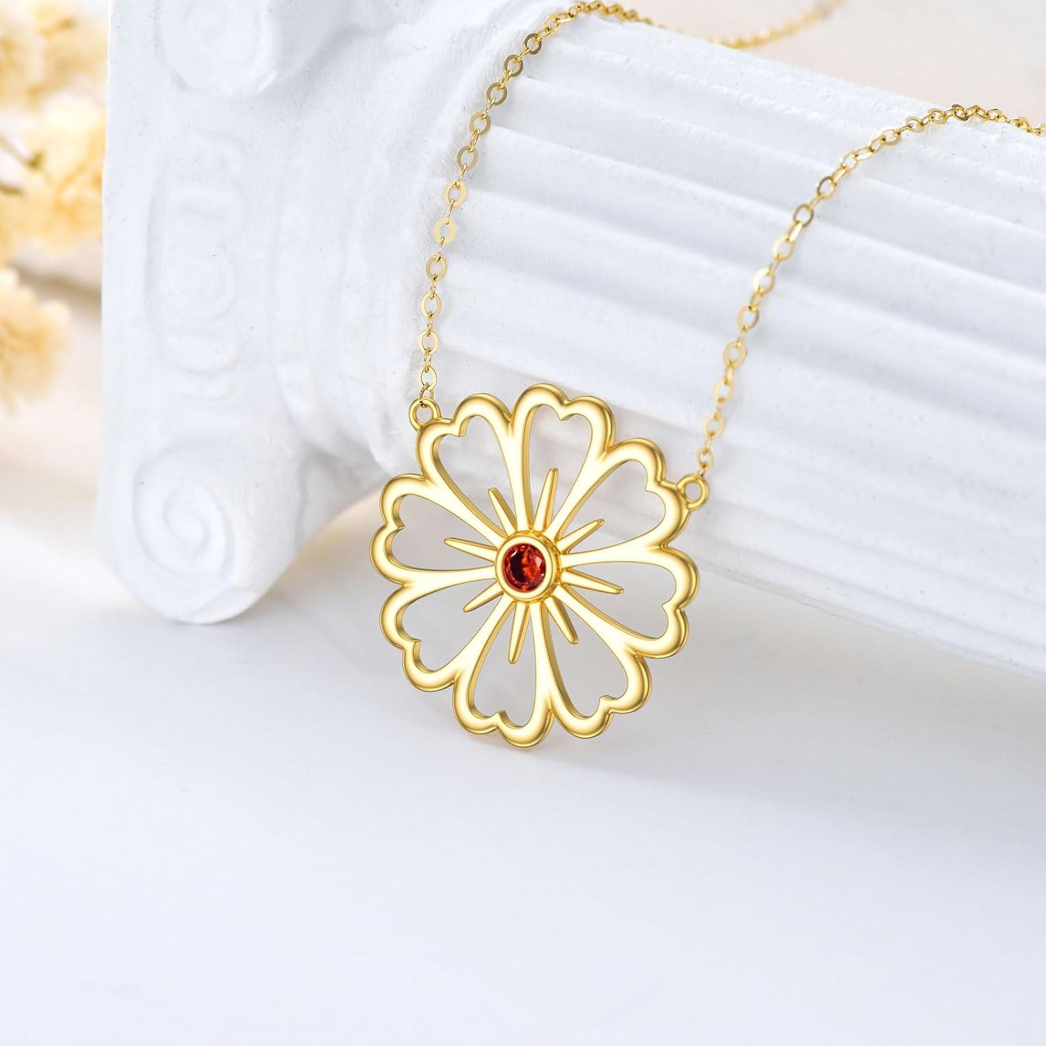 wholesale 14K Gold Daisy Flower Pendant Necklace with Red Stone for Women - Anniversary & Christmas Gifts-0-1