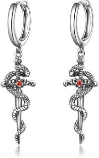wholesale 925 Sterling Silver Snake Pendant Drop Dangle Earrings with Red Stone for Women Girls  4cm Long-Snake Sword