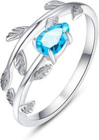 wholesale 925 Sterling Silver Stone Adjustable Leaf Birthstone Open Ring for Women-Blue Topaz
