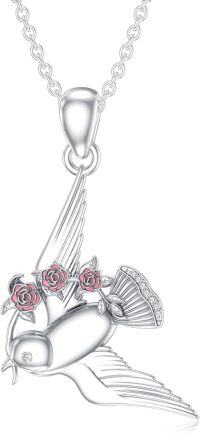 wholesale 925 Sterling Silver Swallow Pendant with Pink Roses and Cubic Zirconia Stones Necklaces for Women Girls s-Pigeon Flower
