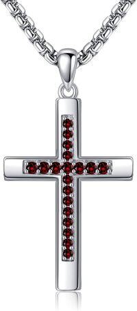 wholesale 925 Sterling Silver Birthstone Cross Necklace for Women Men-01-Jan-Garnet