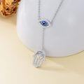 wholesale 925 Sterling Silver Evil Eye Hamsa Hand Lariat Necklace with Blue and White CZs Protection Amulet  for Women-0-1