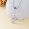 wholesale 925 Sterling Silver Evil Eye Hamsa Hand Lariat Necklace with Blue and White CZs Protection Amulet  for Women-0-1