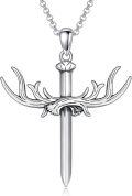 wholesale 925 Sterling Silver Antler Sword Cross Pendant Necklace for Women and Men - Religious Christian -0-0