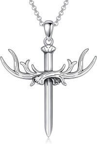 wholesale 925 Sterling Silver Antler Sword Cross Pendant Necklace for Women and Men - Religious Christian -Antler Cross