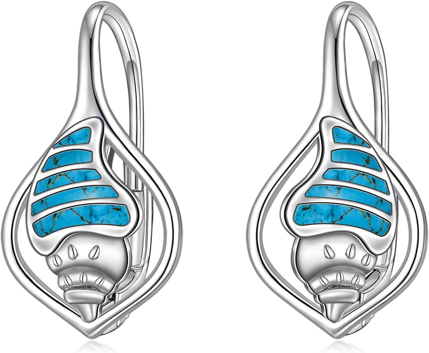 Sterling Silver Turquoise Sea Animal Dangle Earrings-06-Conch Turquoise