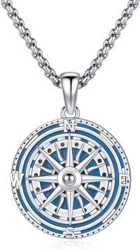 wholesale 925 Sterling Silver Blue Enamel Compass Pendant Necklace  for Women and Men-Style D- Blue-green