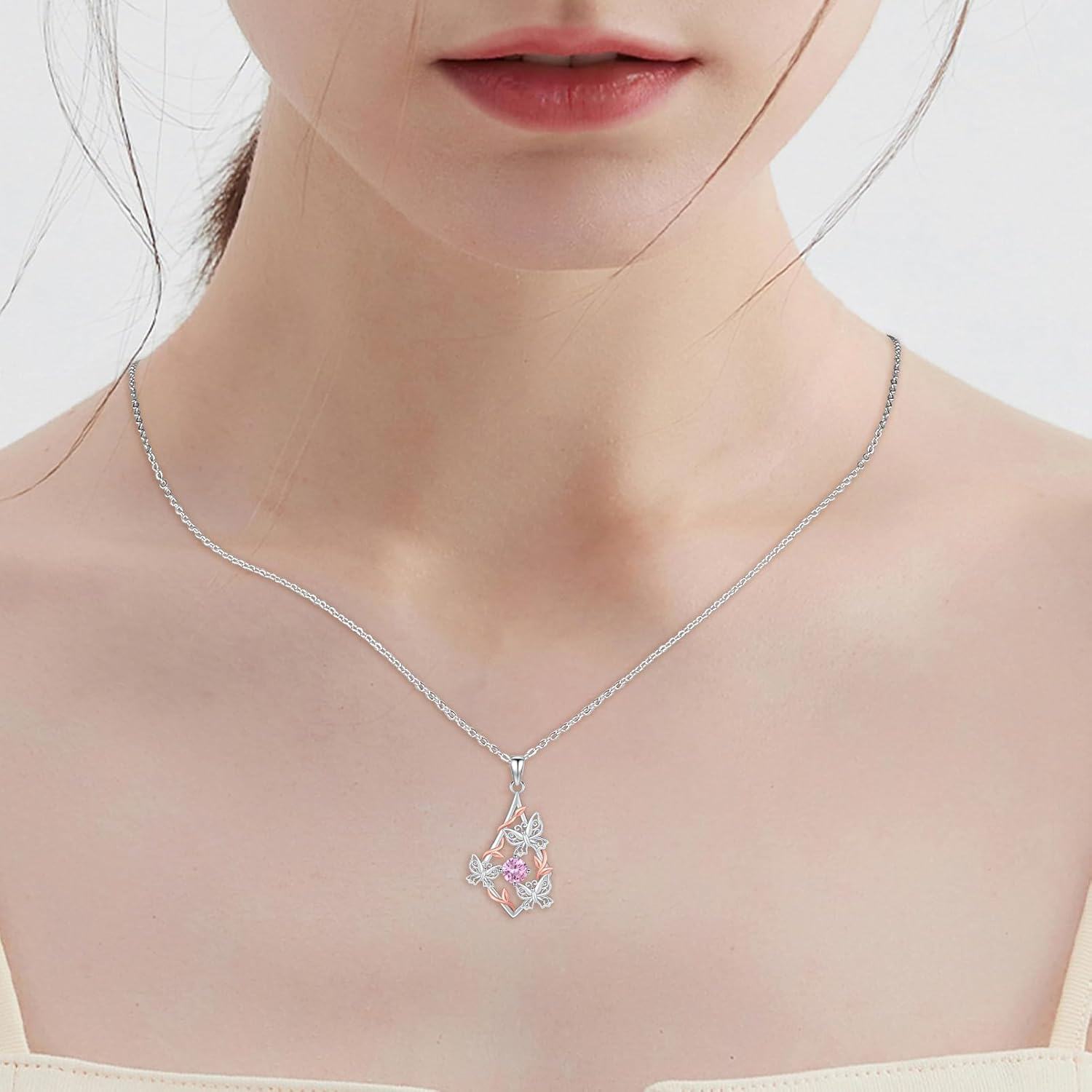 wholesale 925 Sterling Silver Pink Crystal Butterfly & Leaf Pendant Necklace-0-3