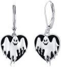 wholesale Silver Heart Ghost Leverback Drop Earrings for Women Girls Gothic  925 Sterling Silver Black Enamel Halloween Costume Accessories-0-0