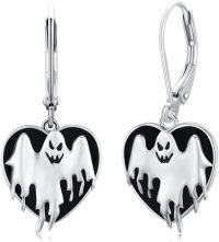wholesale Silver Heart Ghost Leverback Drop Earrings for Women Girls Gothic  925 Sterling Silver Black Enamel Halloween Costume Accessories-Ghost Earrings