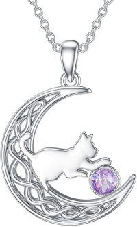 wholesale Sterling Silver Birthstone Cat in Moon Pendant Necklace for Women-June