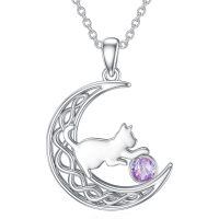 wholesale 925 Sterling Silver Cat And Moon Necklace Wholesale With Ruby Charm-June