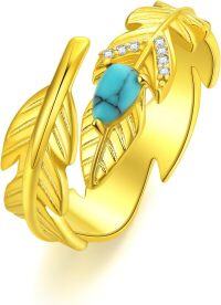 wholesale 925 Sterling Silver Turquoise Feather Ring Vintage Adjustable Western Jewelry Gift for Women Men-Gold Turquoise