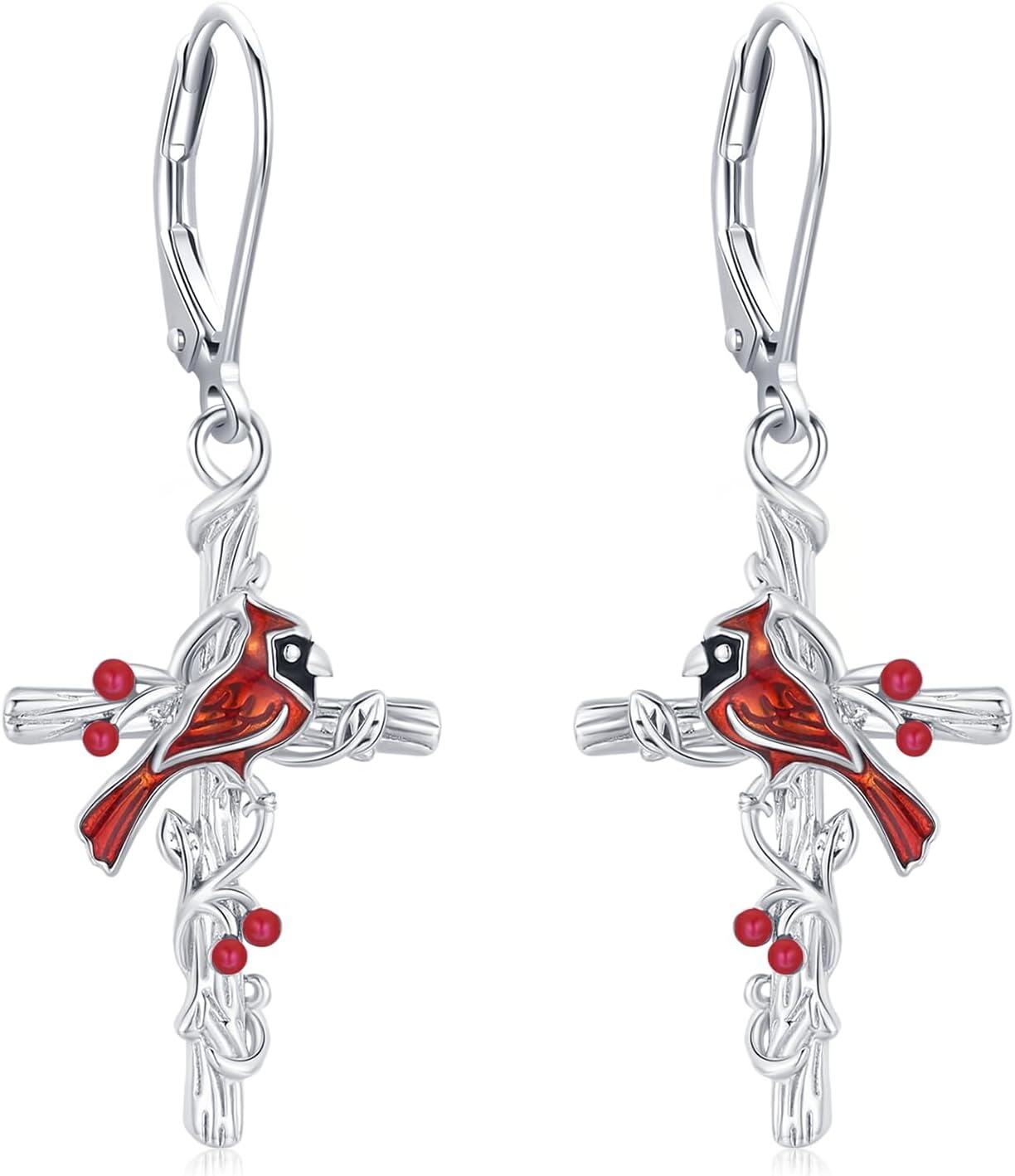 Sterling Silver Red Cardinal Cross Earrings Hypoallergenic Memorial Gift-0-1