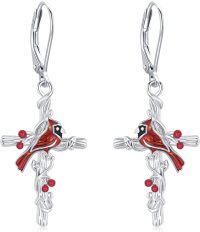 wholesale 925 Sterling Silver Red Cardinal Cross Dangle Leverback Earrings Hypoallergenic Memorial Jewelry for Women Girls 36x8mm-A-Cardinal Leverback Earrings