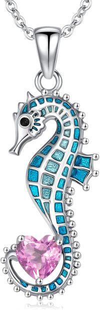 wholesale 925 Sterling Silver Birthstone Blue Seahorse Heart Pendant Necklace-October