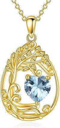 wholesale Sterling Silver Yellow Gold Plated Gemstone Tree of Life Pendant Necklace-03-Mar-Aquamarine
