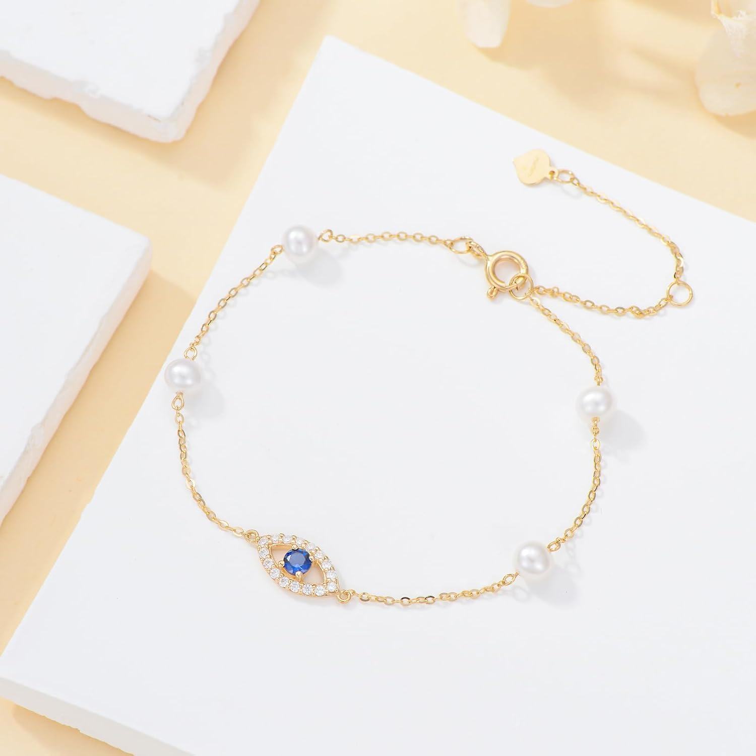 wholesale 14K Gold White Pearl and Sapphire Evil Eye Charm Bracelet (Adjustable)-0-5