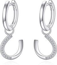 wholesale 925 Sterling Silver Horse Shoe Dangle Drop Huggie Hoop Earrings with Cubic Zirconia for Women -Silver Horseshoe