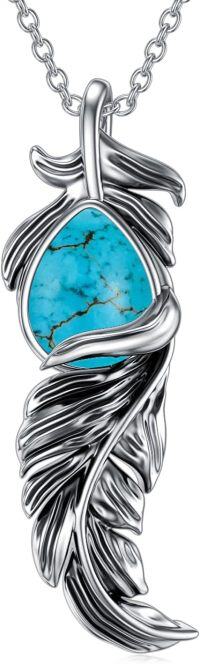 wholesale 925 Sterling Silver Turquoise Feather Pendant Necklace Jewelry for Women Christmas Gift-A01-Turquoise