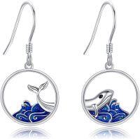 wholesale 925 Sterling Silver Whale Drop Earrings with Blue Enamel Waves-Ocean Wave Whale Earrings