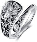 wholesale 925 Sterling Silver Rose & Skull Adjustable Ring - Gothic Themed Vintage Style Statement Finger s for Her-0-0