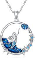 wholesale 925 Sterling Silver Blue Enamel Mermaid Pendant Necklace with Starfish and Shell Charm Gifts for Women-0-0