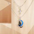 wholesale 925 Sterling Silver Cat & Star Layered Necklace with Moon Charm, Hypoallergenic Gift for Women-0-2