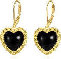 wholesale Gold-Plated 925 Sterling Silver Heart-Shaped Black Onyx and Tourmaline Filigree Drop Earrings-Heart