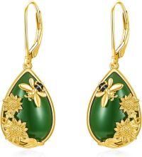 wholesale 14K Gold Plated Sterling Silver Round Natural Jade Earrings for Women-D-Bee-Gold