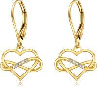 wholesale 14K Solid Double Heart Infinity Drop Earrings with Cubic Zirconia for Women-Infinity Heart Leverback