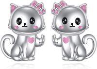 wholesale 925 Sterling Silver Cat Bowknot Heart Stud Earrings  for Girls and Women-Animal earrings-cat earrings