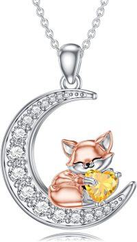 wholesale Metal Stone Fox Moon Pendant Necklace Birthstone Gift for Women-November