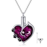 wholesale 925 Sterling Silver Cat Heart Urn Necklace Swarovski Crystal Paw Print Memorial Pendant-Deep Purple