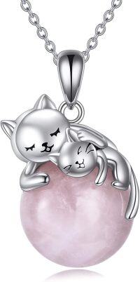 wholesale 14K Gold Pink Crystal Black Cat Pendant Necklace for Women Cats Lover-A-Two Cat Rose Quartz