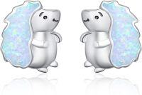 wholesale 925 Sterling Silver White Opal Hedgehog Stud Earrings for Women - Cute Hypoallergenic Gift Idea-Hedgehog