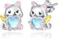 wholesale 925 Sterling Silver Moonstone Cat Heart Angel Wings Stud Earrings for Women Gift-0-0