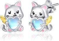 wholesale 925 Sterling Silver Moonstone Cat Heart Angel Wings Stud Earrings for Women Gift-Cat
