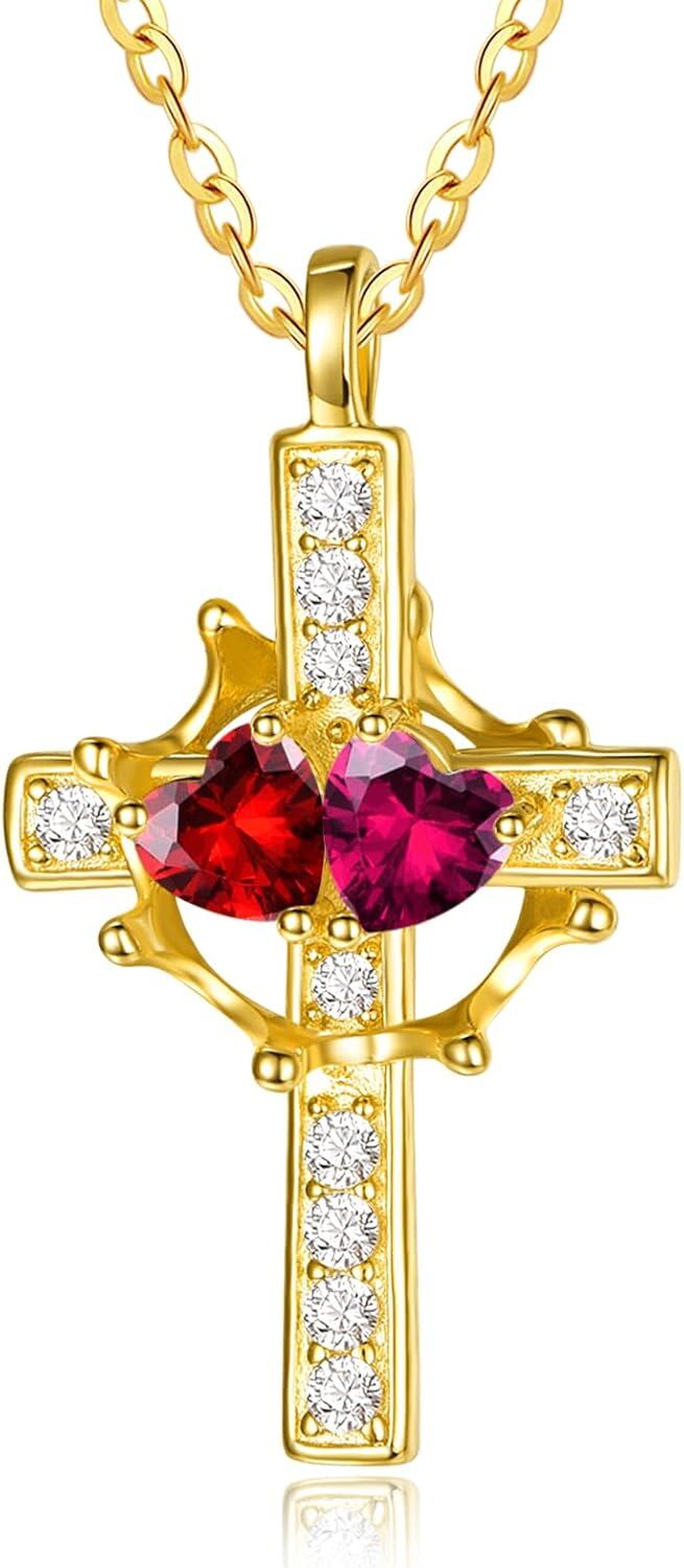 Sterling Silver Birthstones Gold Cross Necklace for Women -01-07-Jan-Jul-01-07-Jan-Jul
