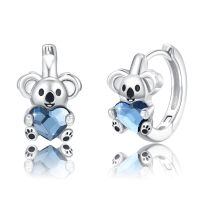 wholesale 925 Sterling Silver Koala Heart Huggie Hoop Earrings with Blue Crystal Accents-Koala with Crystal