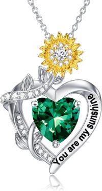 wholesale S925 Sterling Silver Gold Plated Emerald Sunflower Heart Pendant Necklace You Are My Sunshine Gift for Her-05-May