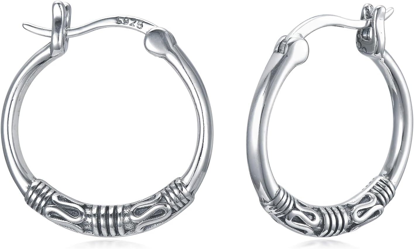 Sterling Silver Bali Boho Oxidized Hypoallergenic Huggie Hoop Earrings for Women Jewelry Gifts-Boho Bali Hoop Earrings-18