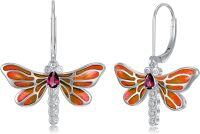 wholesale Sterling Silver Gemstone Dragonfly Leverback Drop Dangle Earrings for Women-Ruby