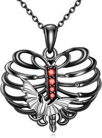 wholesale 925 Sterling Silver Black Plated Dragonfly Pendant with Red Cubic Zirconia and Chain - Gothic Style Necklaces for Women-Bat Rib