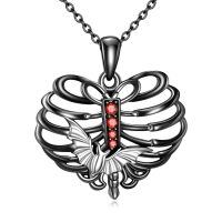 wholesale 925 Sterling Silver Black Plated Dragonfly Pendant with Red Cubic Zirconia and Chain - Gothic Style Necklaces for Women-Bat Rib