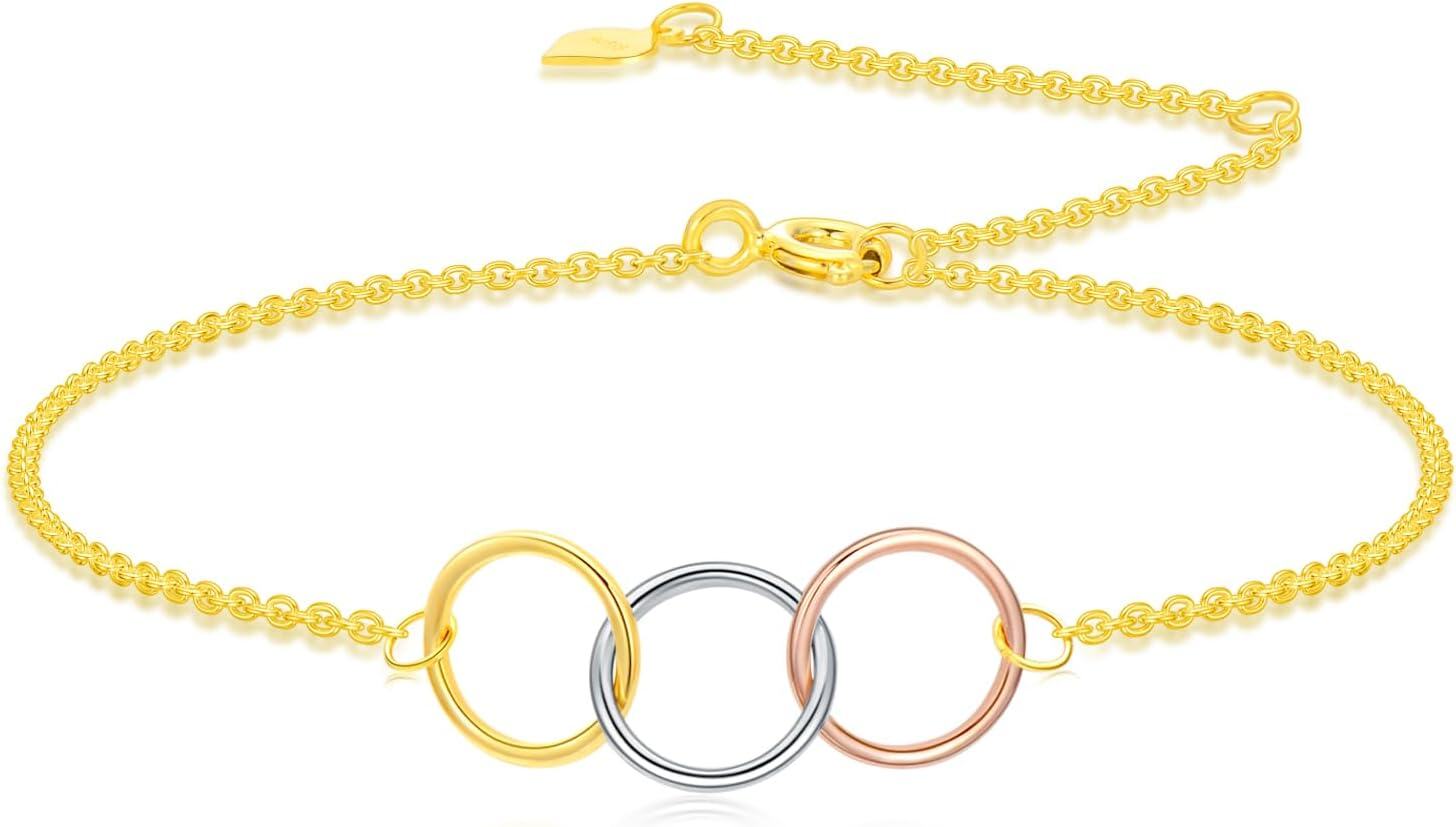 14K Gold Solid 3 Interlocking Heart Circle Bracelet Infinity Love Jewelry Gift for Women-3 Circle