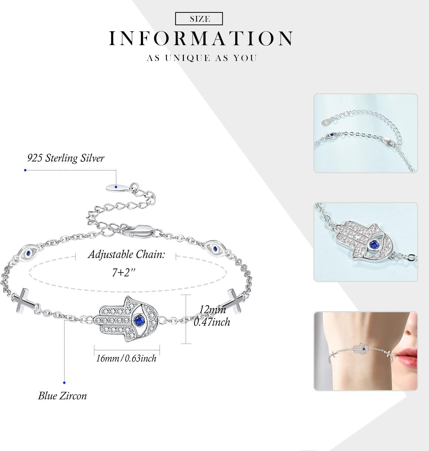 wholesale 925 Sterling Silver Metal Stone Evil Eye Cross Hamsa Hand Protection Bracelet-0-2