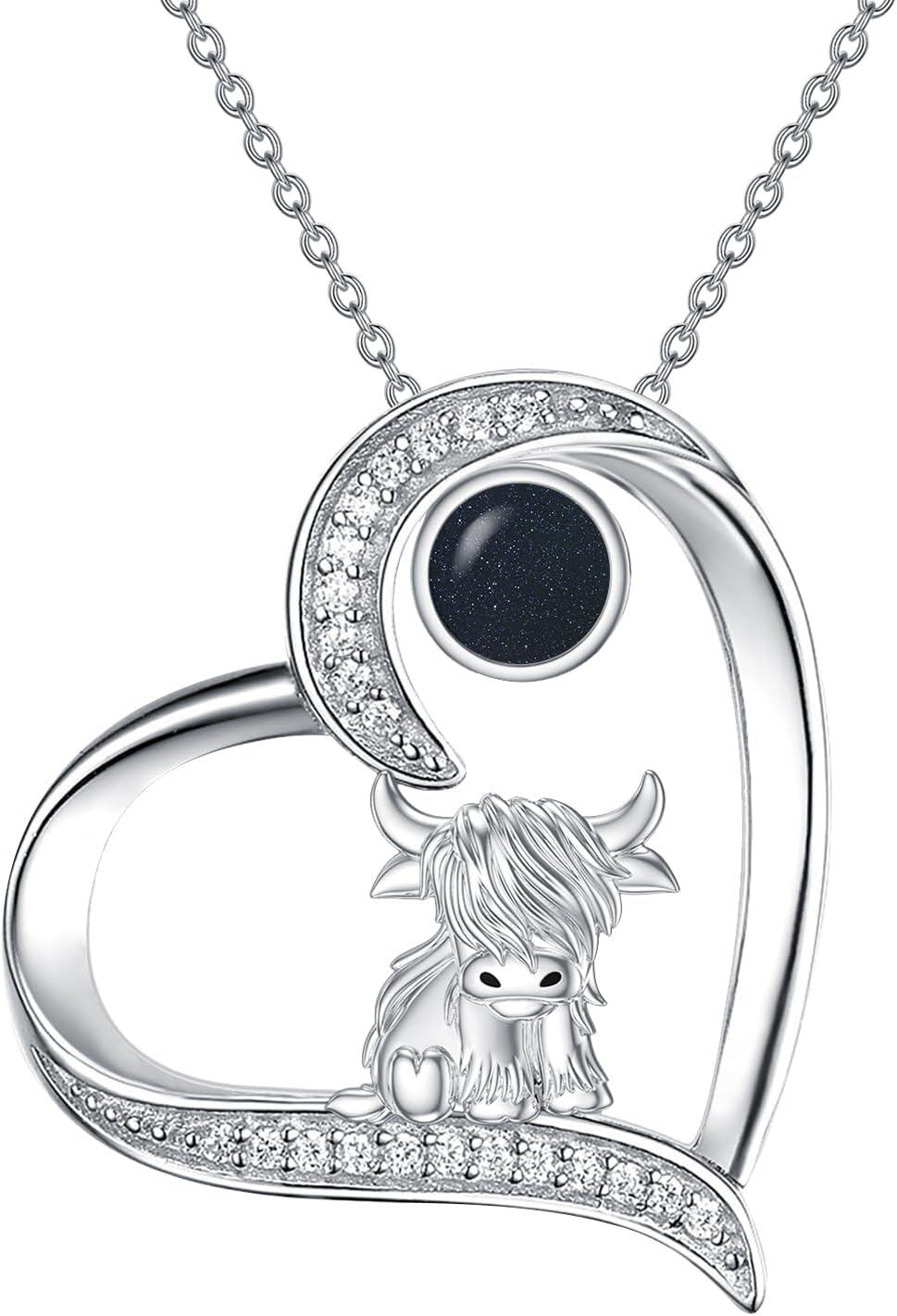 Sterling Silver Highland Cow Birthstone Necklace Jewelry Gifts for Women Girls-3-12-Blue Sandstone-3-12-Blue Sandstone